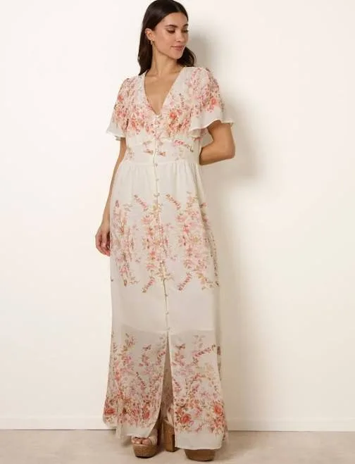 Blue Vanilla Floral Print Button Front Maxi Dress