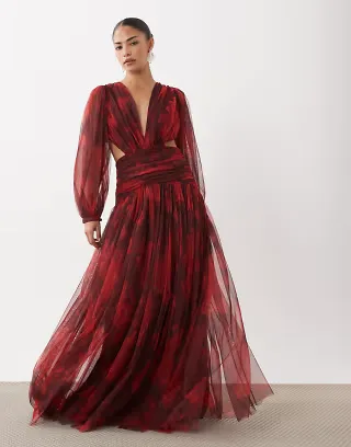 Lace & Beads Petite tulle plunge drop hem open back maxi dress in burgundy floral