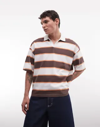 ASOS DESIGN heavyweight boxy oversized polo in brown stripe
