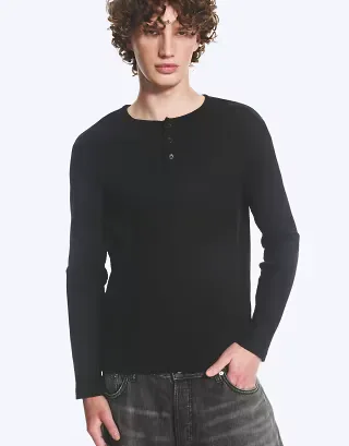 Weekday Henley long sleeve ribbed T-shirt in black