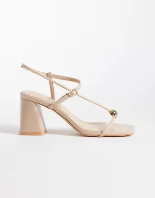 Glamorous Wide Fit block heel sandals with metal detail in beige