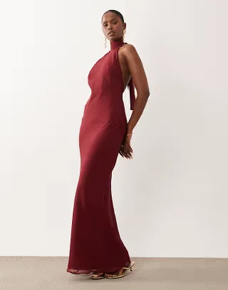 ASOS DESIGN tie halter neck maxi dress in berry