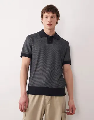 Farah Birch short sleeve knit logo polo shirt in navy