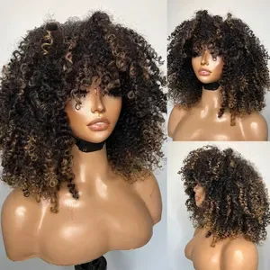 Highlight Brazilian Human Hair Wigs - Short Bob Afro Kinky Curly with Bangs, 13x4 & 13x6 HD Lace Frontal, Glueless, Pre