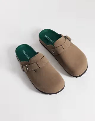 ONLY & SONS faux suede clogs with buckle in greige