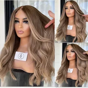 13x4 Highlight Brown Ash Blonde Wigs for Women - Brazilian Virgin Human Hair Loose Body Wave - Preplucked Hairline Synth