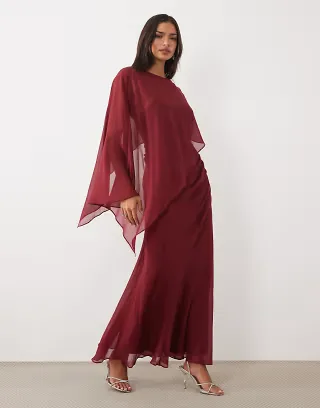 ASOS DESIGN draped batwing asymmetric one sleeve maxi dress in burgundy