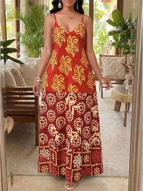SHEIN Women's Patchwork Print Spaghetti Strap Flared Hem Maxi Dress