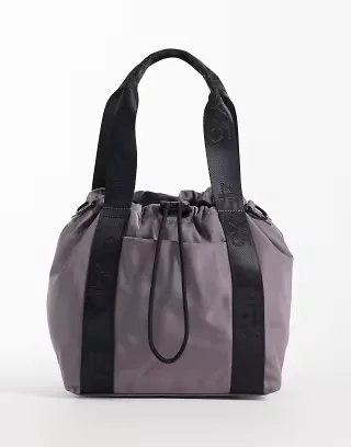 4505 woven adjustable drawstring bucket bag with external pocket in storm gray