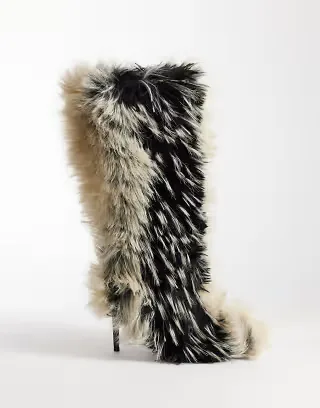 Azalea Wang Upstarter stiletto heel faux fur knee boots in beige multi