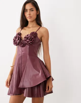 ASOS LUXE corsage detail asymmetric hem PU mini dress in burgundy