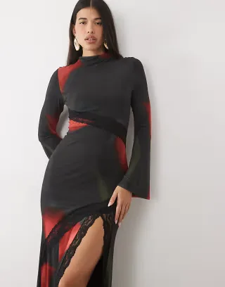 ASOS DESIGN printed floral mesh maxi mesh with spliced lace trim and flute sleeves dress in black