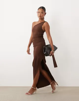 TFNC Petite bengaline one shoulder draped maxi dress in chocolate