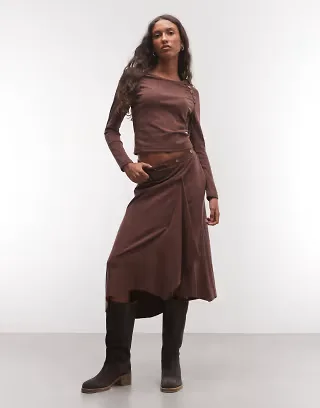Daisy Street asymmetric midi skirt in brown set