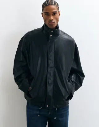 ASOS DESIGN leather look bomber jacket in black