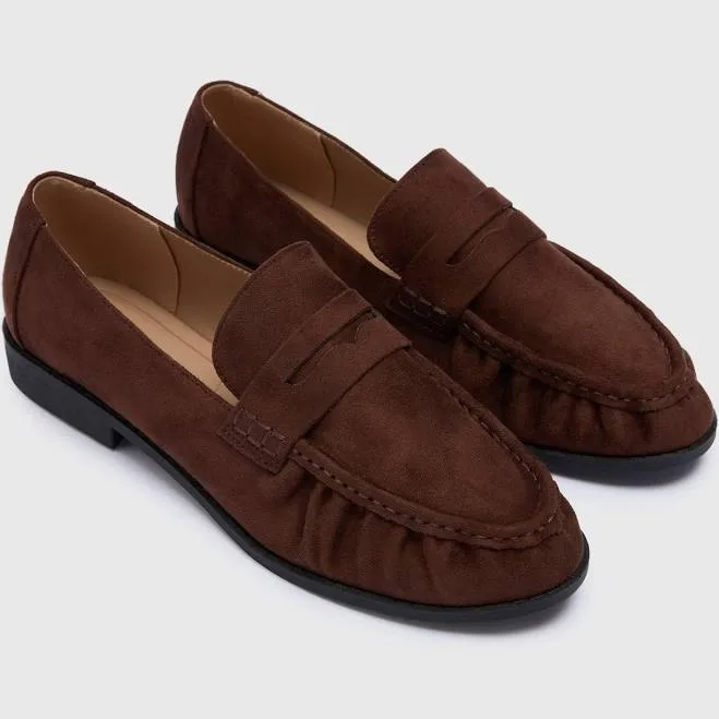 Chocolate Ruched Faux Suede Loafers - Brown - Papaya