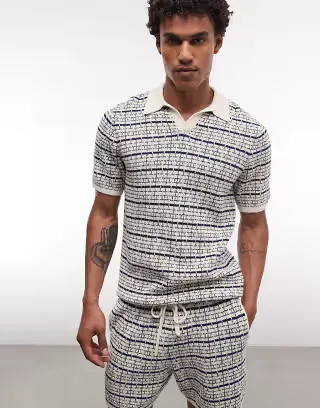 ASOS DESIGN knit striped polo in navy and ecru - part of a set