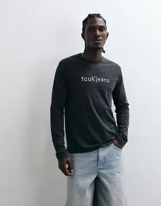 French Connection 'FCUK jeans' text logo long sleeve t-shirt in charcoal