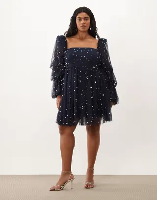 ASOS LUXE Curve tulle baby doll dress with faux-pearl embellishment in navy