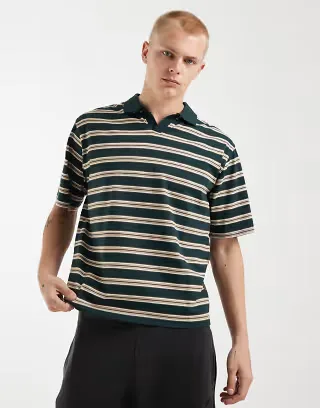 Redefined Rebel boxy oversized striped polo shirt in green