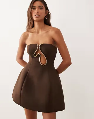 ASOS DESIGN Premium bandeau sculpted mini dress with gold trim in chocolate