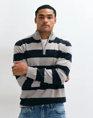 Brave Soul 1/4 zip knitted sweater in gray and navy stripe