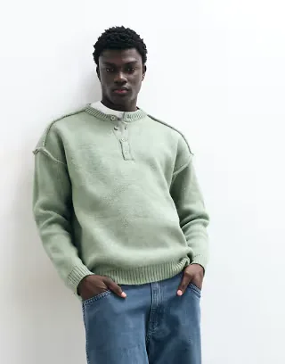 ASOS DESIGN oversized henley sweater in sage green heather with exposed seams