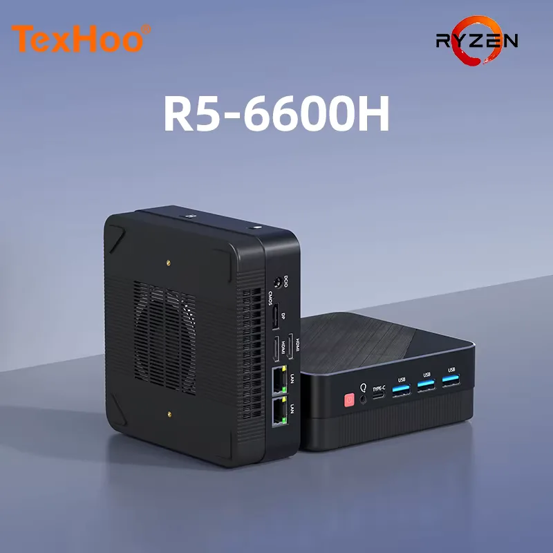 TexHoo Mini PC AMD R5 6600H R7 7730U R3 4300U Dual HDMI DP Wifi6 WDesktop Gaming Computer Dual network ports