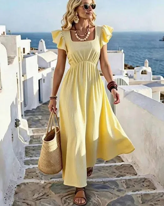 SHEIN Women's Square Neck Flounce Sleeve Slim Fit A-Line Maxi Dress