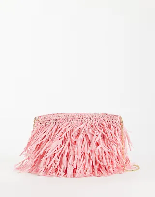ASOS DESIGN raffia tassel clutch bag in pink