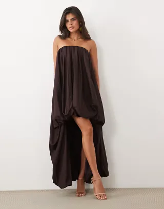 ASOS DESIGN volume bubble bandeau maxi dress high-low hem in bitter chocolate