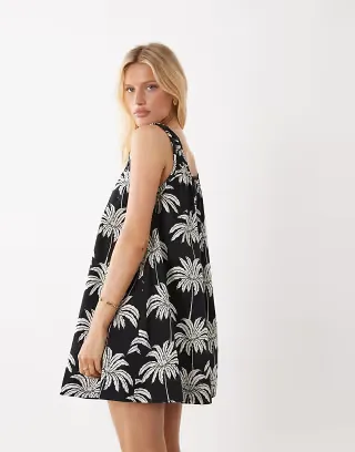 VILA ruched straps palm print cami mini dress in black and white