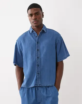 ASOS DESIGN short sleeve oversized linen blend denim shirt in mid wash blue - part of a set