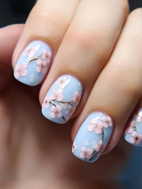 Baby Blue French Press On Acrylic Nails Designs Short Square Flower Graphic Reusable Fake 24pcs Y2K Spring Royal With Je