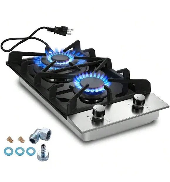 Black Tempered Glass 2 Burner Propane Gas Stoves Cooktops Range 12 Inch LPG NG Dual Fuel Built-In Hob With Thermocouple