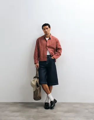 ASOS DESIGN boxy oversized micro plaid shirt in red