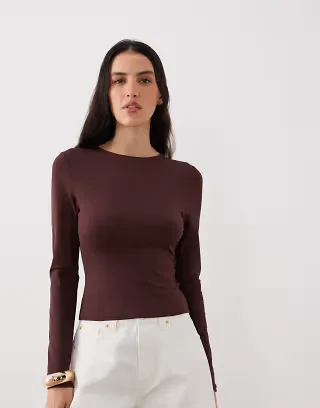 ASOS DESIGN polyamide slinky long sleeve top in chocolate