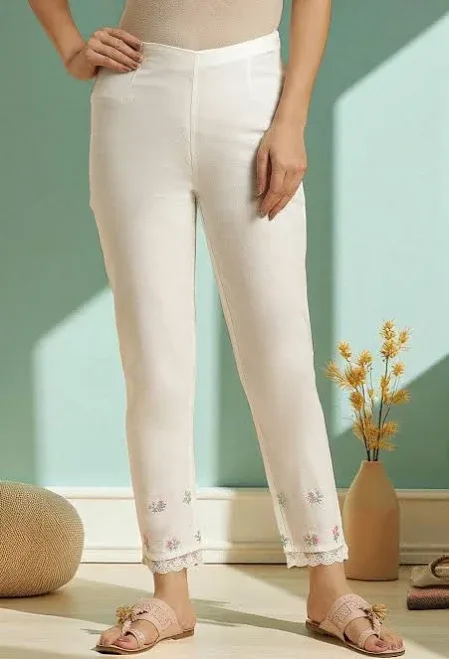 Ecru Slim Multi-Coloured Floral Embroidery Pants