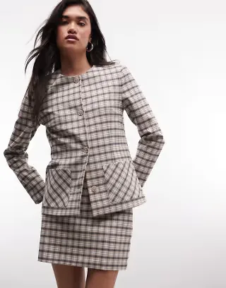 ASOS DESIGN tailored collarless jacket in plaid
