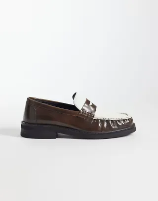 ASOS DESIGN penny loafers with ruched apron in brown and cream leather