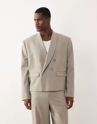 ASOS DESIGN double breasted boxy shawl wrap suit jacket in beige herringbone