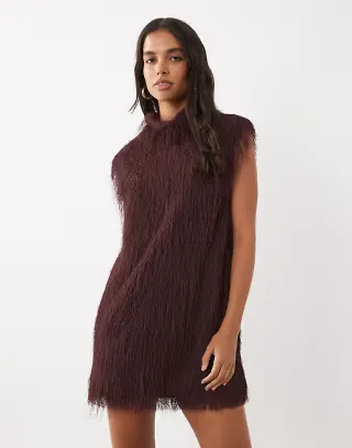 ASOS DESIGN fluffy sleeveless funnel mini dress in burgundy