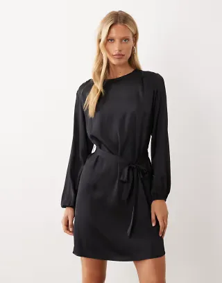 VILA tie waist long sleeve satin mini dress in black
