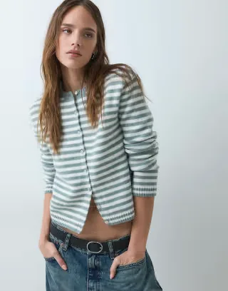 Monki compact knitted cardigan in teal stripe