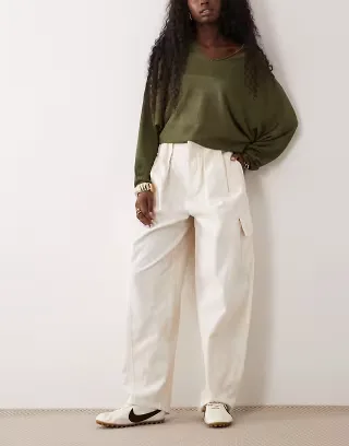 ASOS DESIGN pleated waistband detail pants in ecru