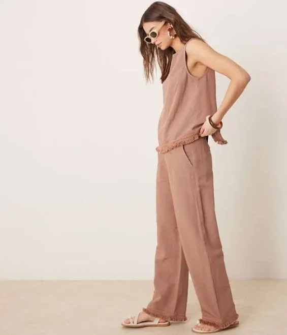 ASOS Design Linen Blend Straight Leg Pants with Tassel Hem