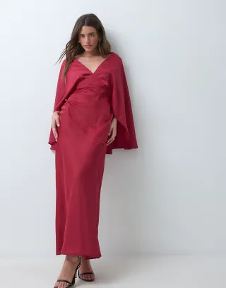 ASOS DESIGN satin flared batwing bias maxi dress in magenta