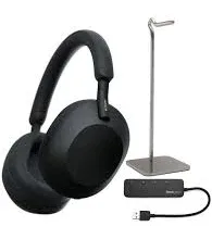 سوني سماعات راس لاسلكية بخاصية الغاء الضوضاء WH-1000XM5 (اسود) مع موزع USB 3.0 4 منافذ وحامل سماعة راس من خليط معدني (3