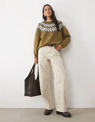 AWARE wool blend crew neck fair isle knitted sweater in olive green melange