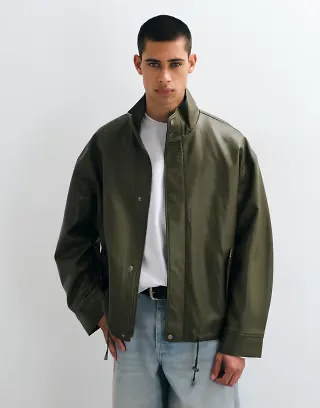 ASOS DESIGN leather look bomber jacket in green